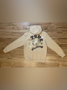 True Religion Beige Hoodie with Brown and White Graphic Fog Puff Buddah